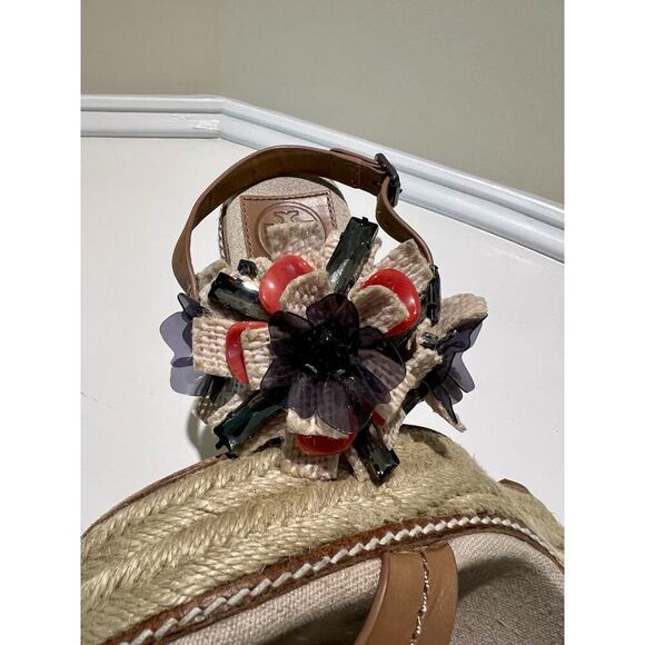 Tory Burch Canvas Leather Espadrille Wedge Sandal Size 8M Beige Brown - Picture 10 of 14